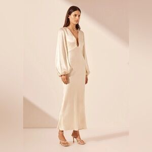 Shona Joy La Lune Plunged Neck Balloon Sleeve Midi Dress